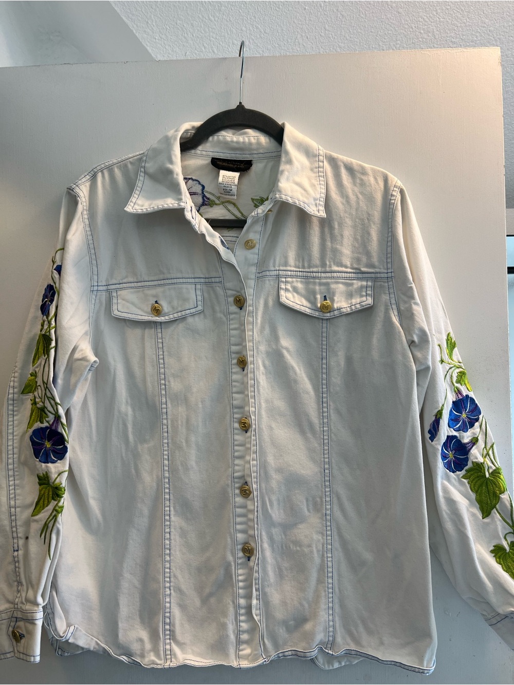 Womens Denim Embroidered Floral Sleeve Shirt Jacket
